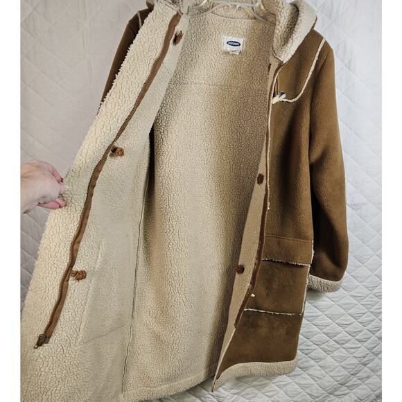 Vtg Y2K Sherpa Lined Brown Vegan Leather Jacket Long Hippie Womens Medium Toggle - Picture 4 of 8